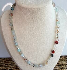 16" Agate & Hematite Beaded Necklace, Blue, Brown, White, Silver, Ethereal